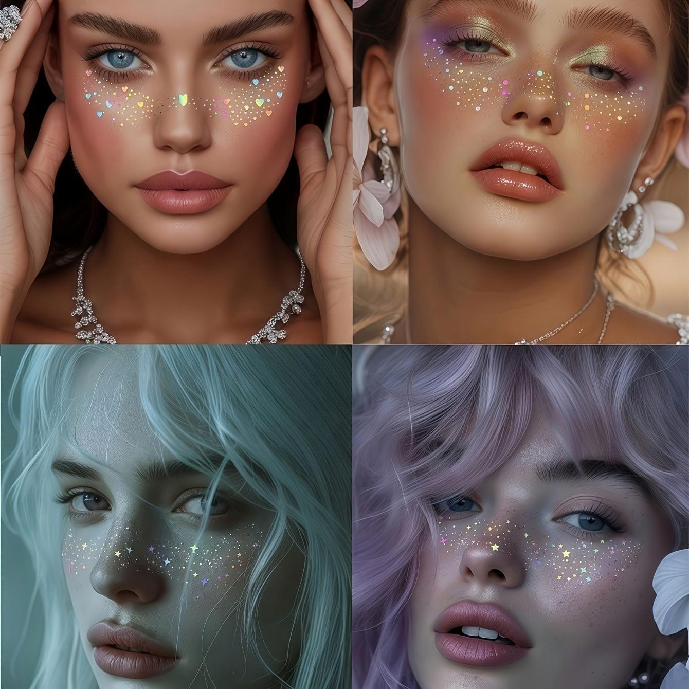 6 Pcs Mixed Glitter Laser Freckle Stickers, Rainbow Heart Star Pattern Waterproof Temporary Tattoo Stickers, Party Festival Makeup Decorations