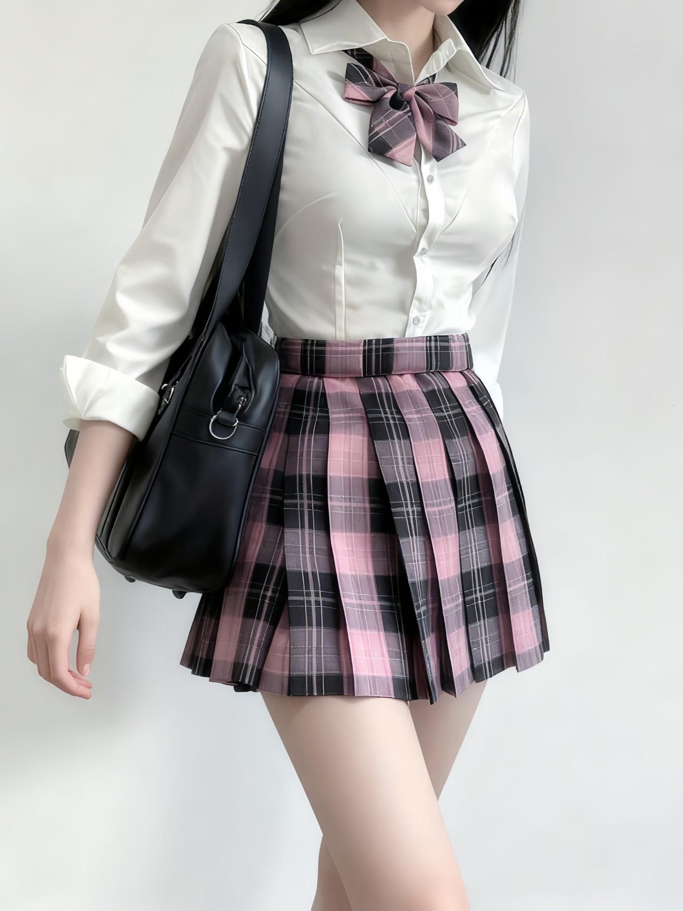 Campus Jk Uniform Set, Long Sleeve Shirt, Plaid Skirt, Bow Accessory, Preppy Style, All Seasons, Student Role Play
