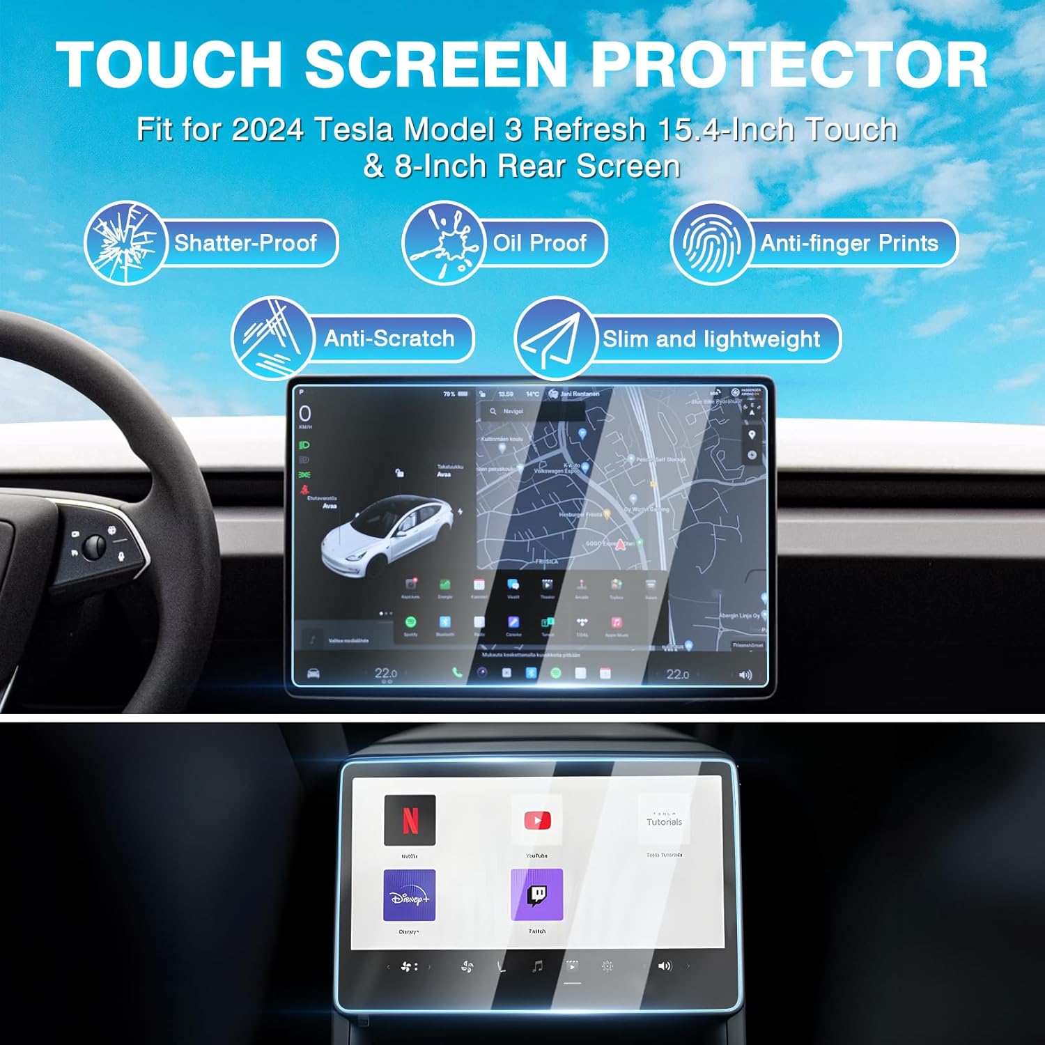 Canvcle 2 Pack Tesla New Model Y Juniper 2025~2026 / 2024~2025 Model 3 Highland Screen Protector [No Glare & Fingerprint] 15.4-Inch Front & 8-Inch Rear Touchscreen Tempered Glass Protector Accessories
