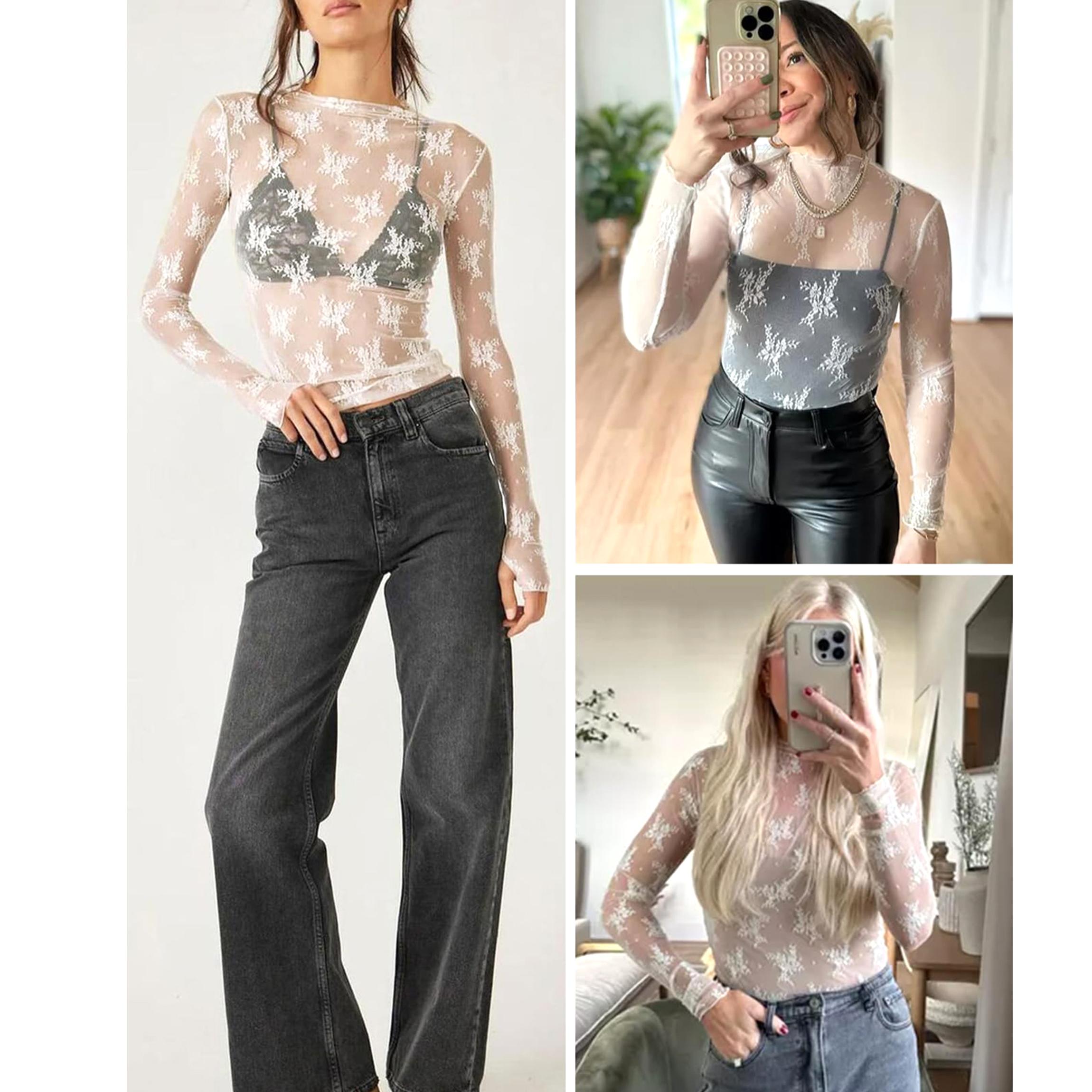Buenoble Womens Mesh Long Sleeve Tops Crew Neck Sexy See Through Lace Sheer Floral Blouse for Party Club Night Out SpringStatements
