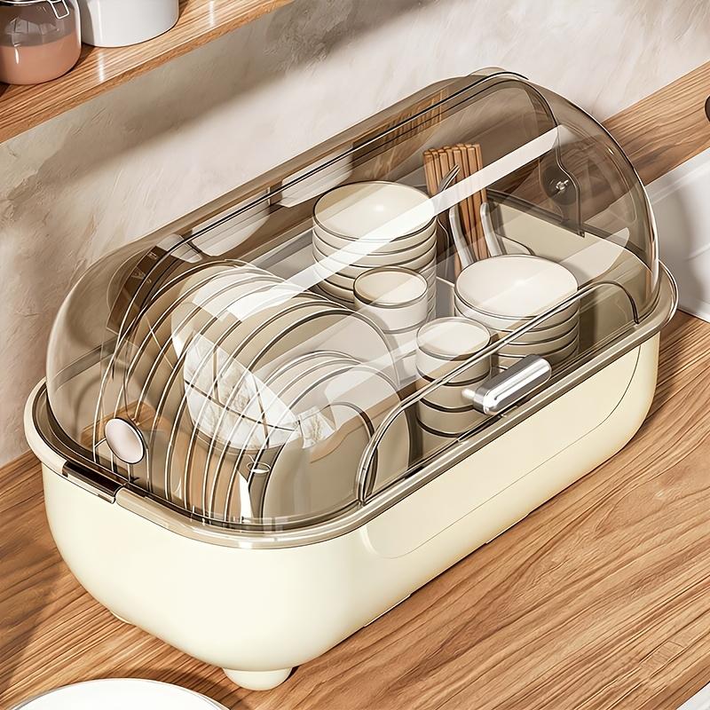 1 Piece Covered Drawer-Style Dish Rack with Water Draining Base. Multifunctional Dustproof Tableware Storage Cabinet, no standing water. Works on countertops and inside cabinets, perfect for kitchen bowl and plate storage.