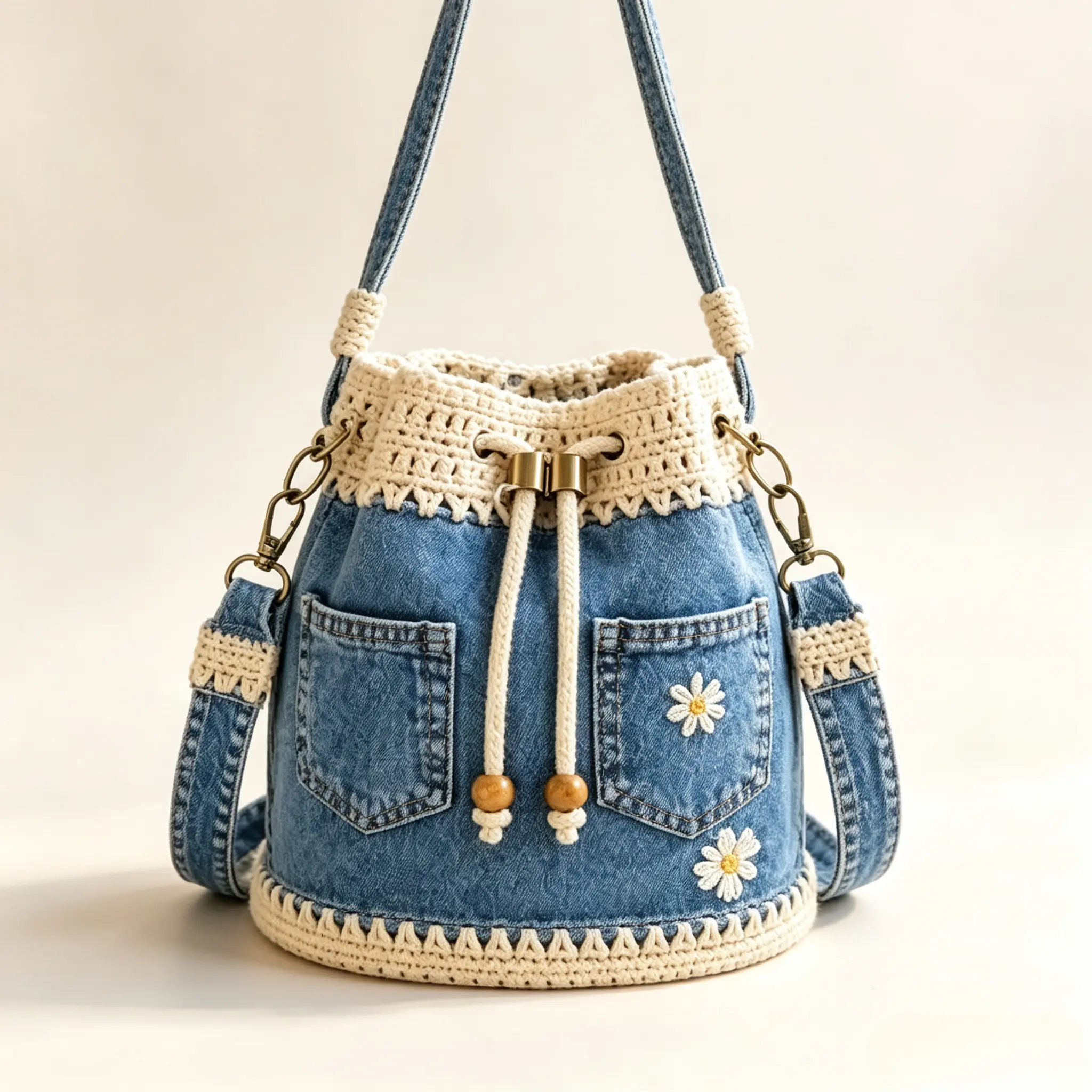 Women's Denim Crochet Bucket Bag - Boho Woven, Patchwork Design, Hands-Free Crossbody Shoulder Bag for Casual Daily Sports & Outdoor Tetherball Use, Bucket Shape