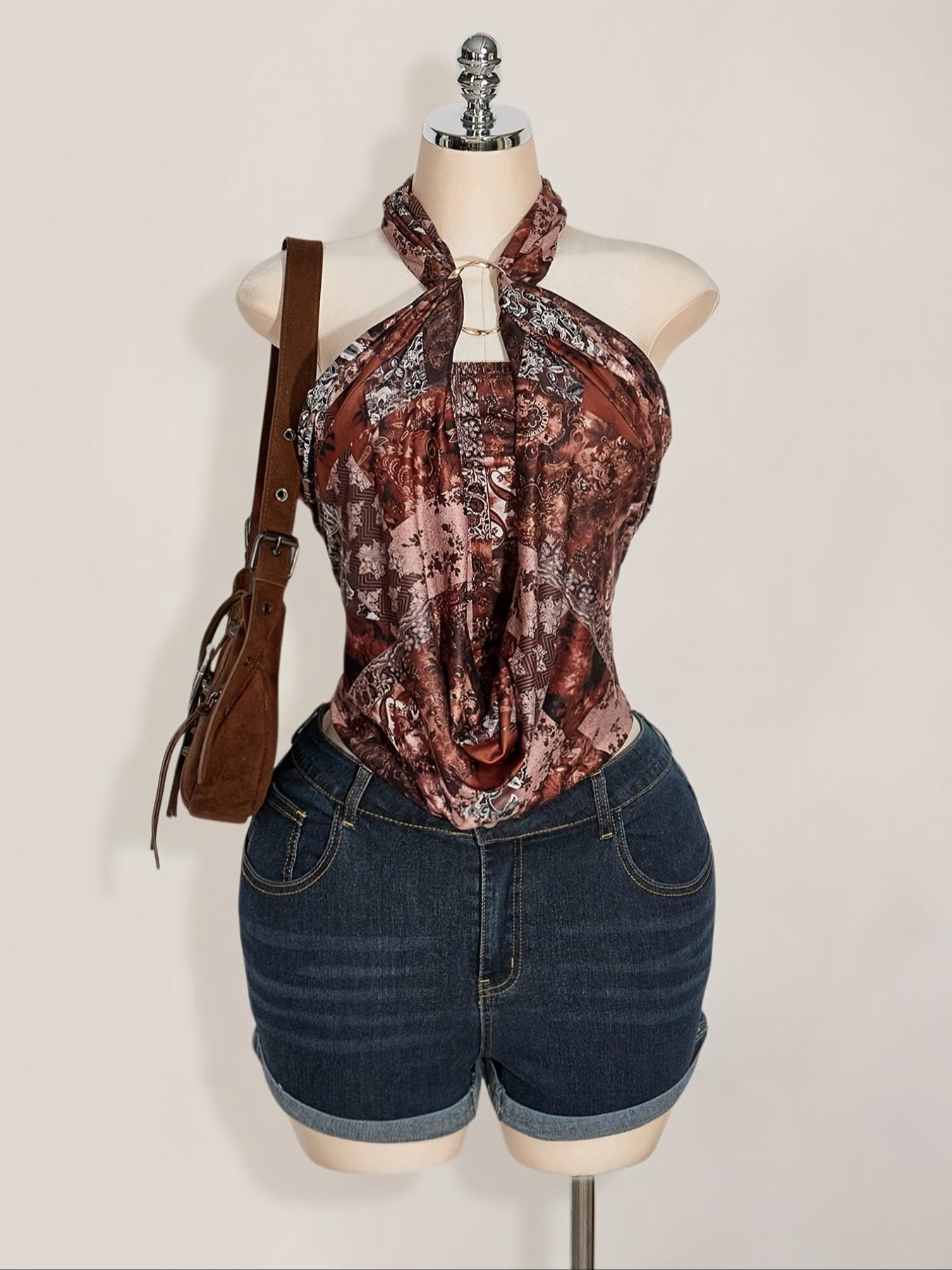 Women's Boho Halter Top, Bohemian Floral Print Sleeveless Blouse, Casual Fitted Beach Vacation, Party Wear, Vintage Style