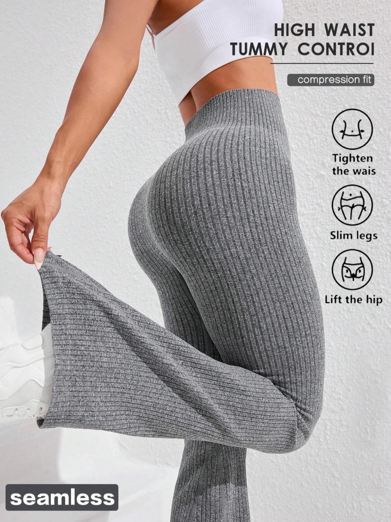 Women's High Waisted Tummy Control Flare Pants, Seamless Knit Butt Lifting Slim Fit Casual Leggings, Sporty Style for Gym Yoga Home Wear, Athletic Leggings, Solid Flare Leggings