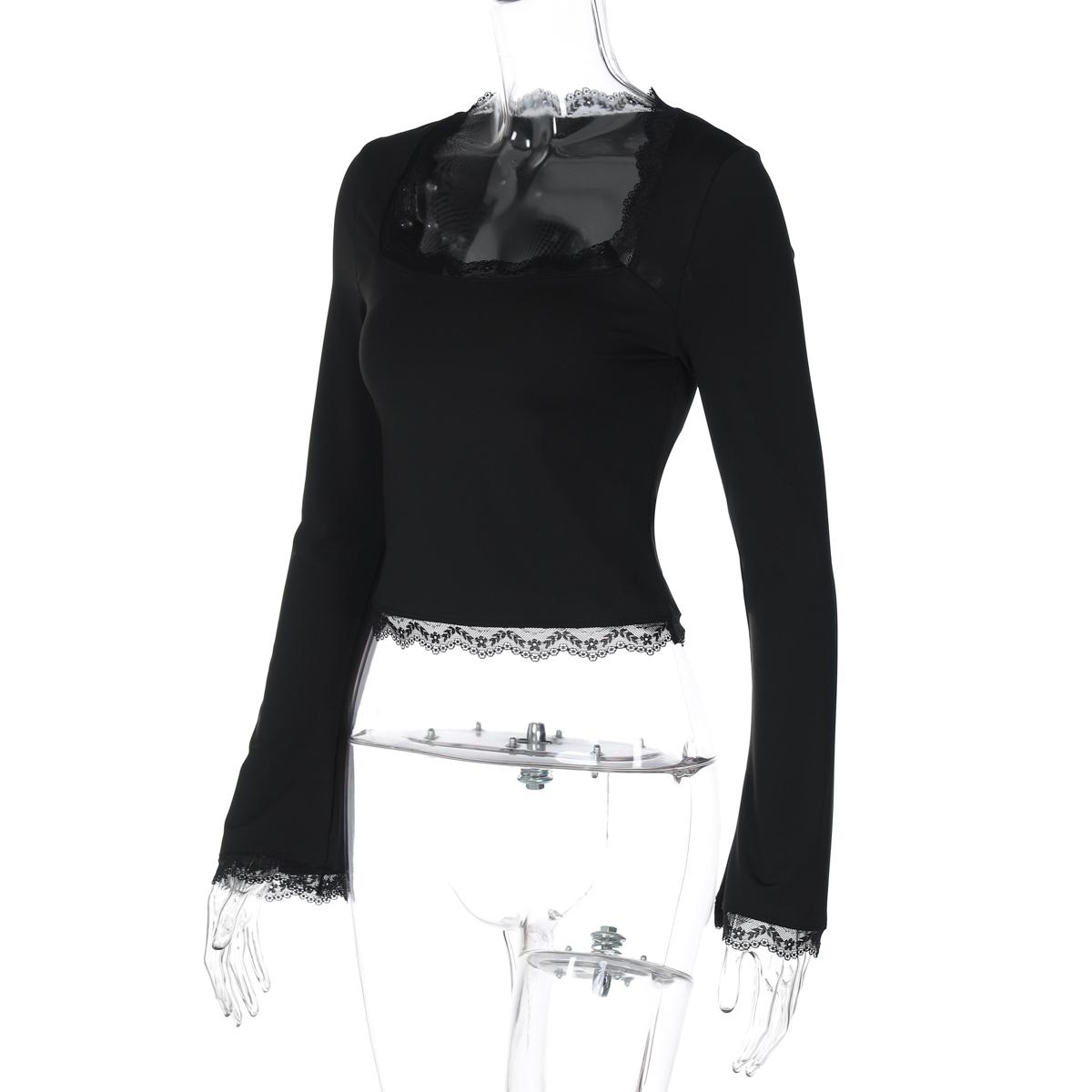 Women's Square Neck Top, Solid Lace Trim Long Sleeve T-Shirt, Elegant Chic Plain Flared Sleeves Slim Fit Crop Top for Spring, Fall and Winter, Womenswear, Blouses Shirts Tops, Casual Elegant Classy, Perfect for Parties, Dates and Everyday Wear
