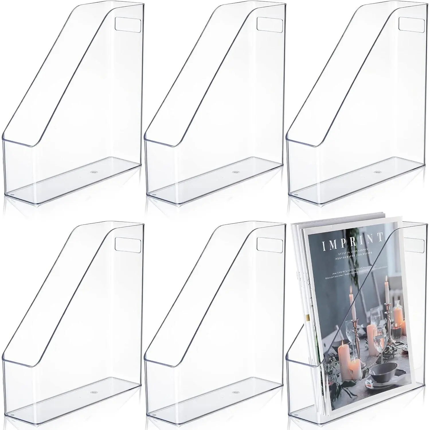 6 Pcs Clear Acrylic Magazine File Holder Plastic Desk Organizer with Handle Vertical Magazine Rack Desk Folder Document Storage Organizer for Home Office School Work Study Desktop Supplies