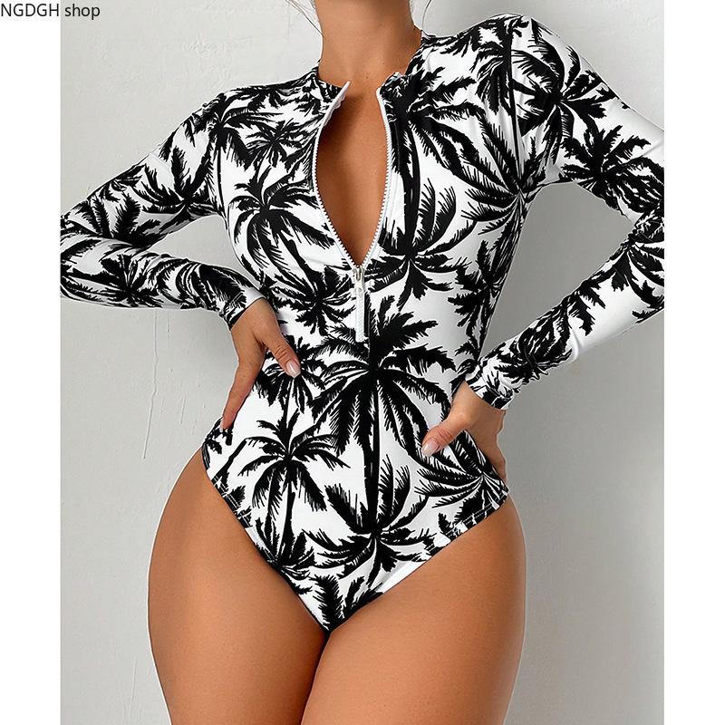 Trendy Long Sleeve One Piece Swimsuit for Women, Flattering Figure Hugging Surf Suit with Zipper Front, Perfect Beach Vacation & Summer Pool Party
