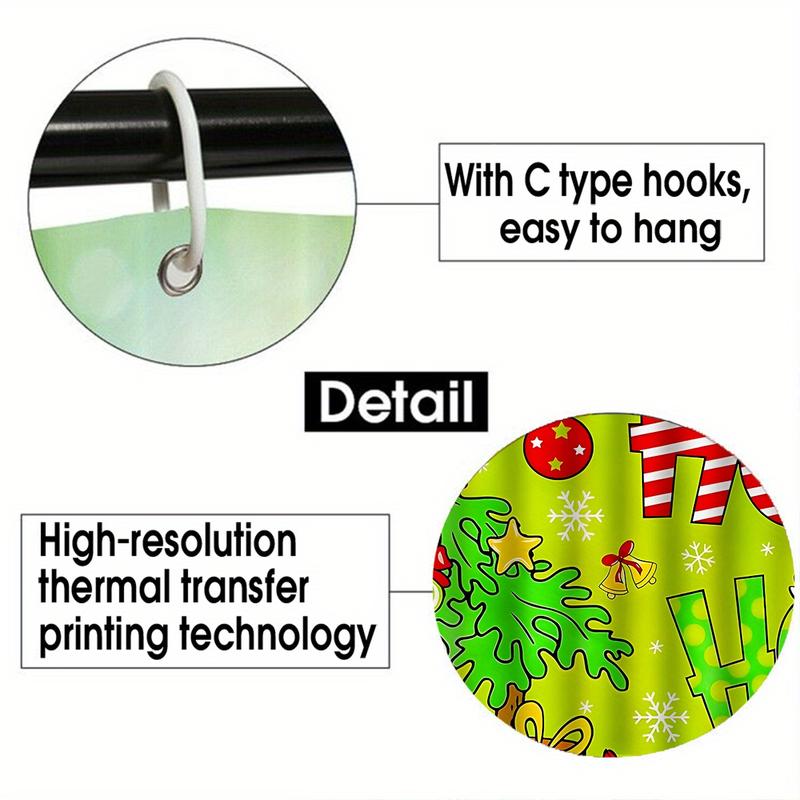 4pcs Green Christmas tTree Shower Curtain Set, Bathroom Partition Curtain, Modern Home Curtain Decoration Housewarming Gift, Bathroom Decoration Accessories, Shower Curtain and Toilet Mat Three-Piece Set with 12 Shower Curtain Hooks