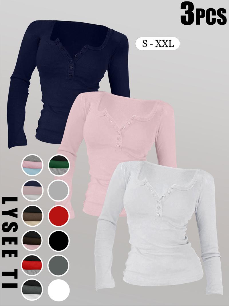 3pcs Autumn And Winter Women'S Casual Fashion Sporty Tee Set, With Multi Button Design, Solid Color Round Neck Long Sleeved Top