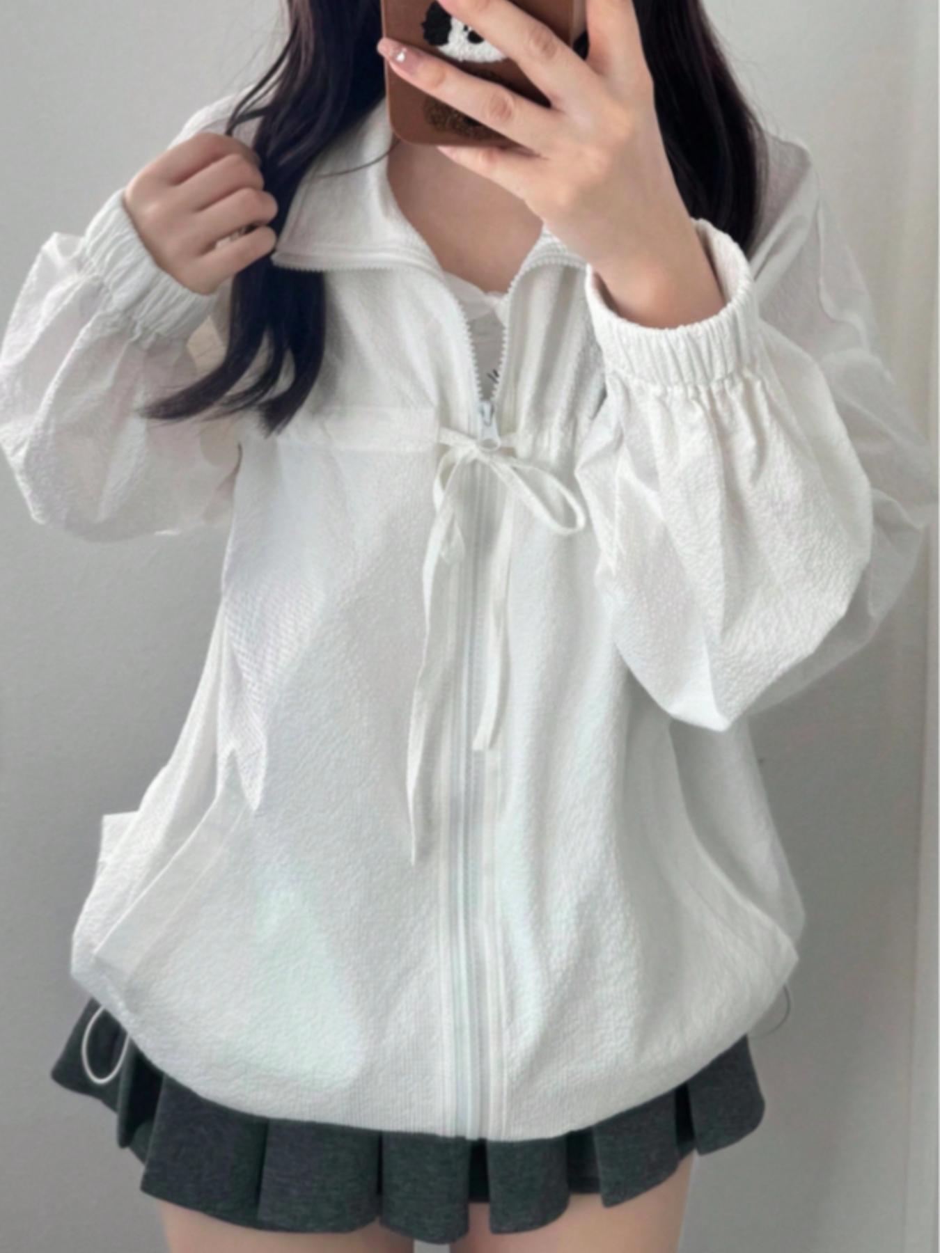 Women's Casual Streetwear Solid Color Textured Front Tie Bow Long Sleeve Fitted Zipper Drawstring Adjustable Jacket Coat Top, Stylish and Comfortable