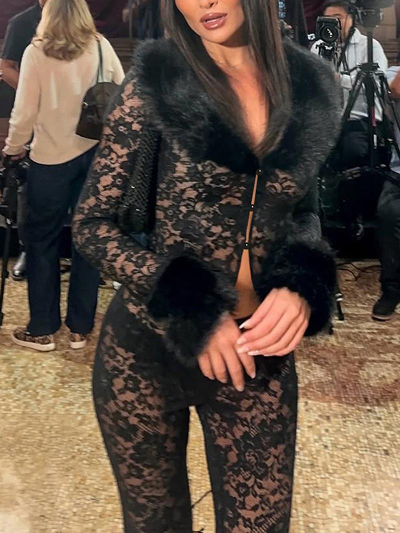 Women's Fashion Print Fur Collar Lace Patchwork Sexy Transparent Long Pants Two-Piece Set, Fall Winter New Arrival