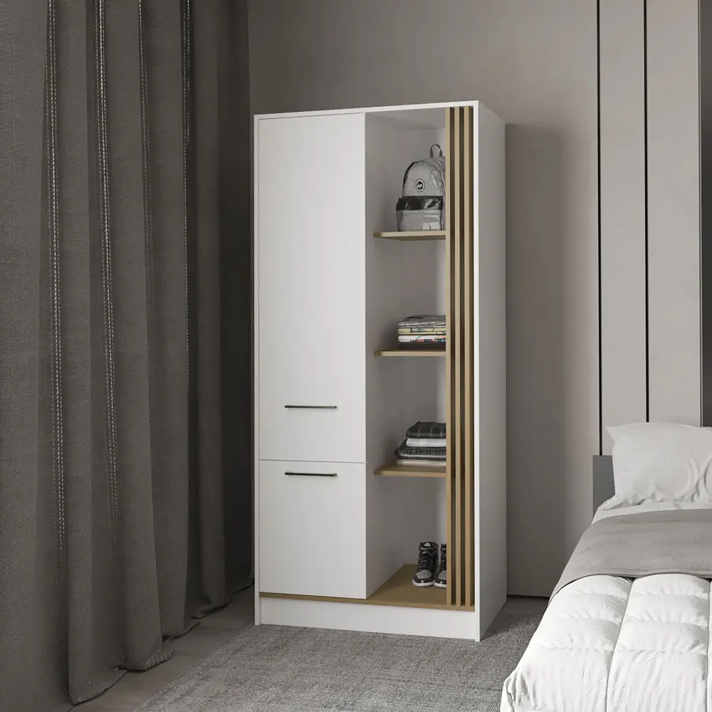 Nokaa Modern 2-Door Wardrobe Closet Organizer with Shelves and Hanging Rod, Scratch-Resistant Melamine Particle Board, Multicolor, 70.8"H x 31.5"W x 20.5"D, for Bedroom Storage, Assembly Required