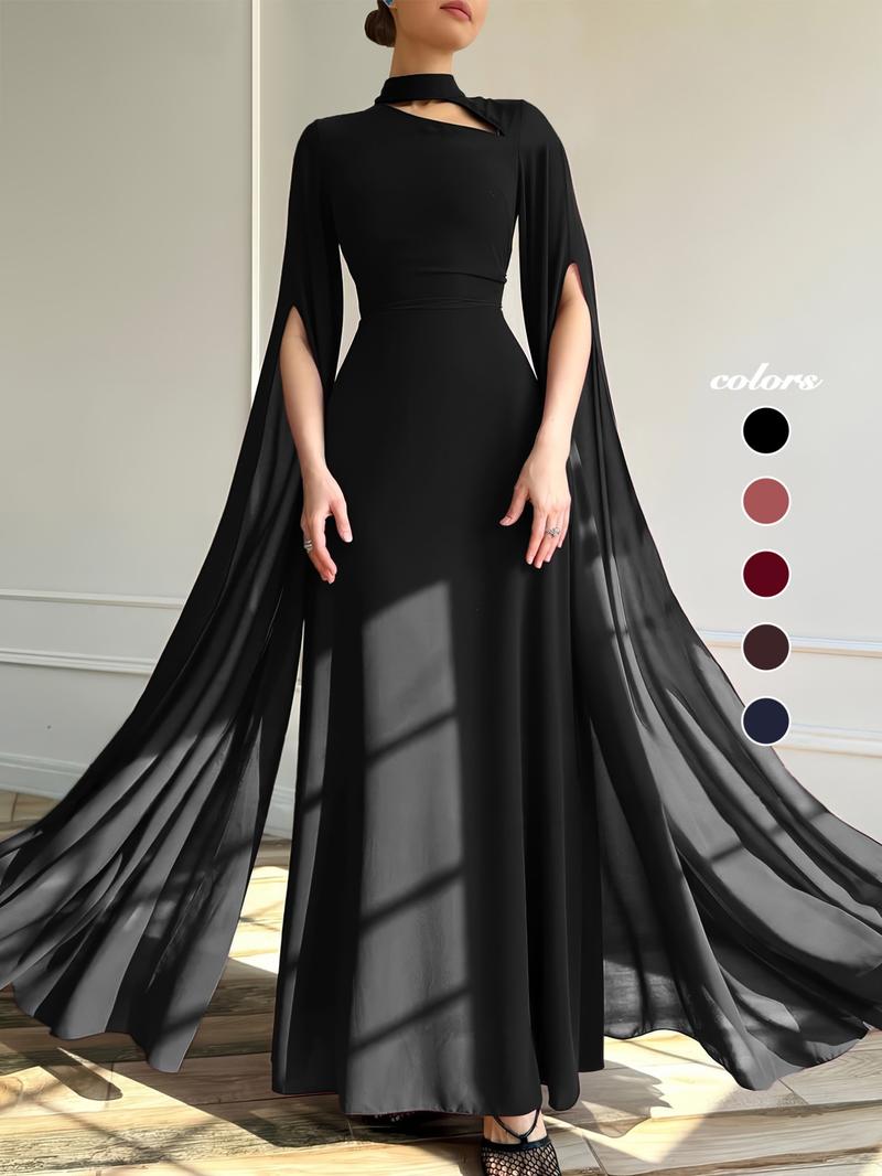 1pc Elegant Formal Evening Long Dress with Cape Sleeve, Wedding Guest Dress Women