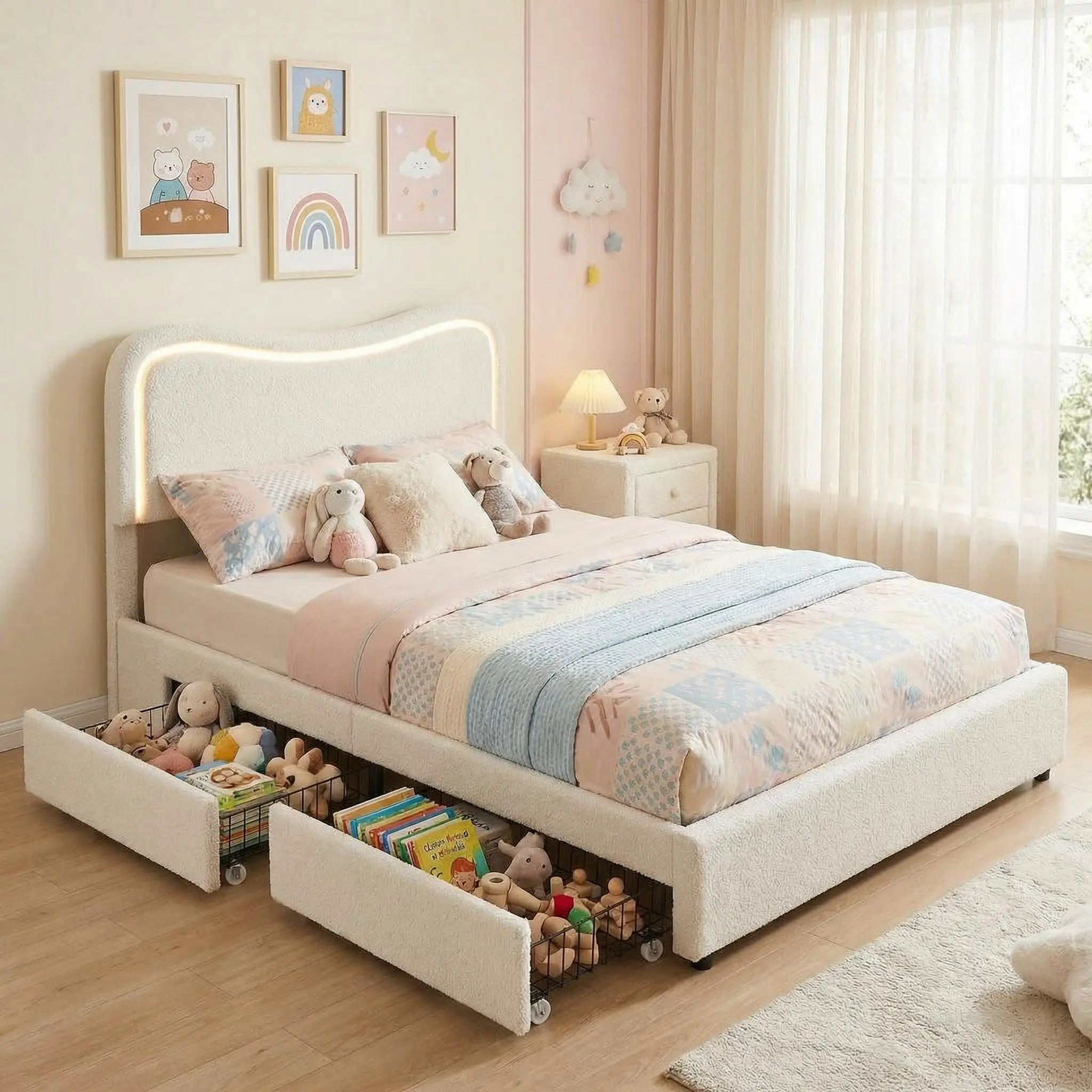 Boucle Upholstered Platform Twin Bed Frame with LED Headboard, Storage Drawers, Solid Wood Slats, Noise-Free, No Box Spring Needed, White or Beige