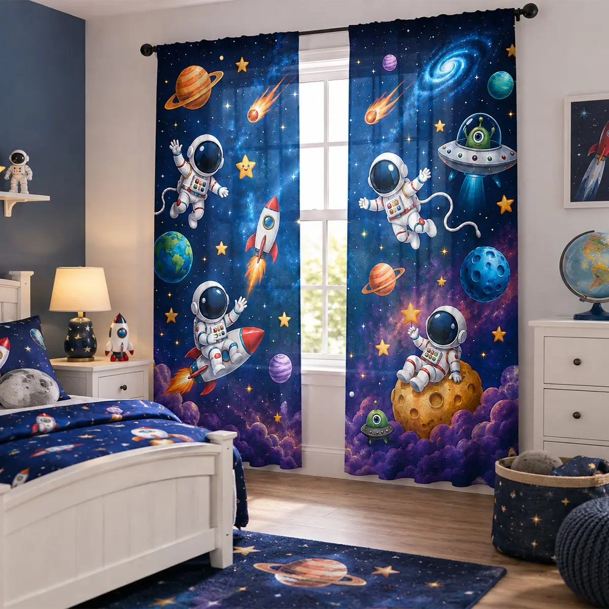 2pcs Cartoon astronaut semi-blackout curtains, space rocket and flying saucer themed fabric curtains, pocket rod installation, made of polyester, suitable for bedrooms, kitchens, studies, etc.