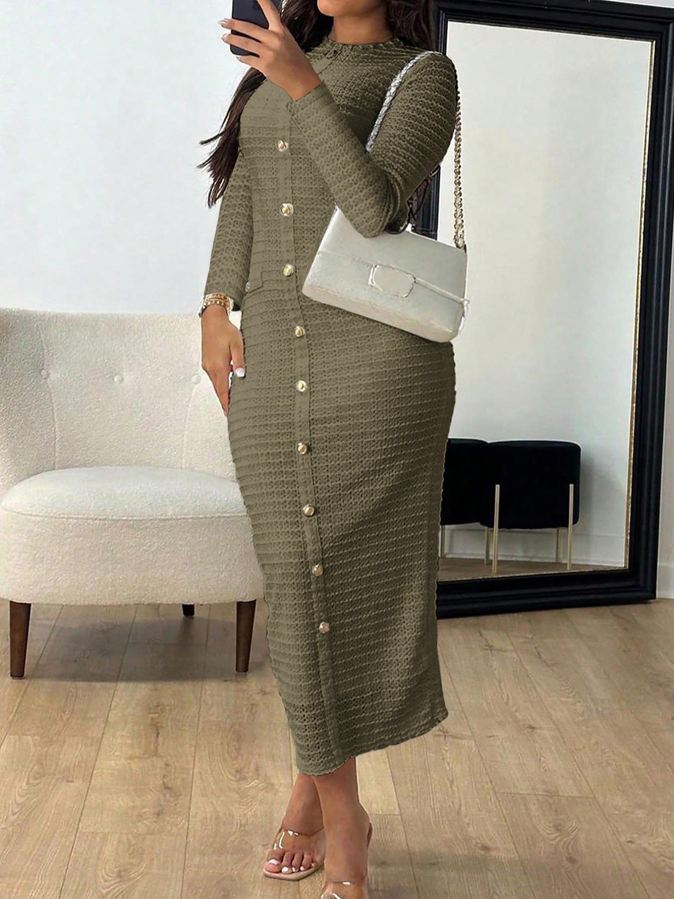 Elegant Casual Long Sleeve Maxi Dress for Women, Womenswear, Thin Knitted Fabric Perfect for All Seasons, Fitted Plain Design for Stylish Comfort