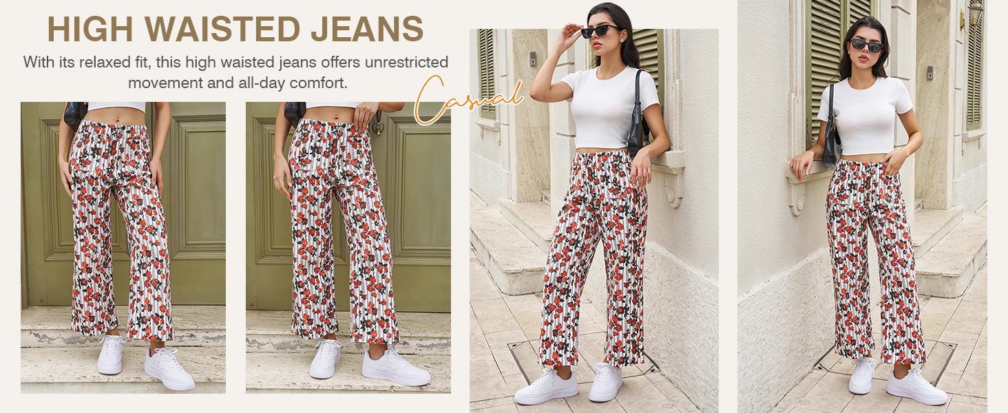 Cicy Bell Womens Cropped Striped Jeans Casual High Waisted Stretchy Polka Dots Straight Leg Denim Pants with Pockets Cicy Bell Womens Cropped Striped Jeans Casual High Waisted Stretchy Polka Dots Straight Leg Denim Pants with Pockets
