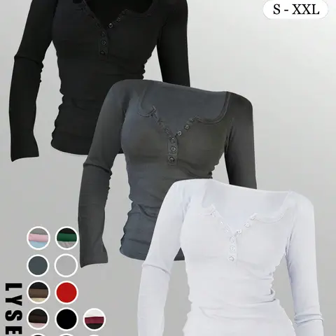 1pc/3pcs/5pcs Autumn & Winter Women's Casual Fashion Sporty Multi-Button Round Neck Solid Color Long Sleeve Top Mix & Match Solid Color Tops