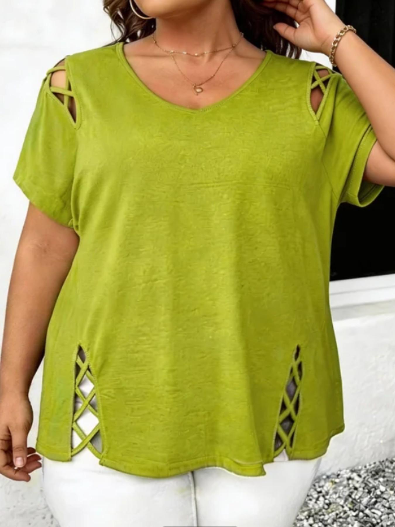 Women's V Neck Hollow Out Short Sleeve Top Blouse, Lightweight Loose Blouses, Loose Fit Basic Casual Summer Fashion, Comfortable Daily Wear Tee for Women Womenswear Women's V Neck Hollow Out Short Sleeve Top Blouse, Lightweight Loose Blouses, Loose Fit Basic Casual Summer Fashion, Comfortable Daily Wear Tee for Women Womenswear