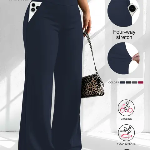 Plus Size Women's Solid High-Waisted Wide Leg Pants, Casual Comfy Trousers, with Pockets, Fashionable Comfortable Stretch, Suitable for Office and Daily Wear