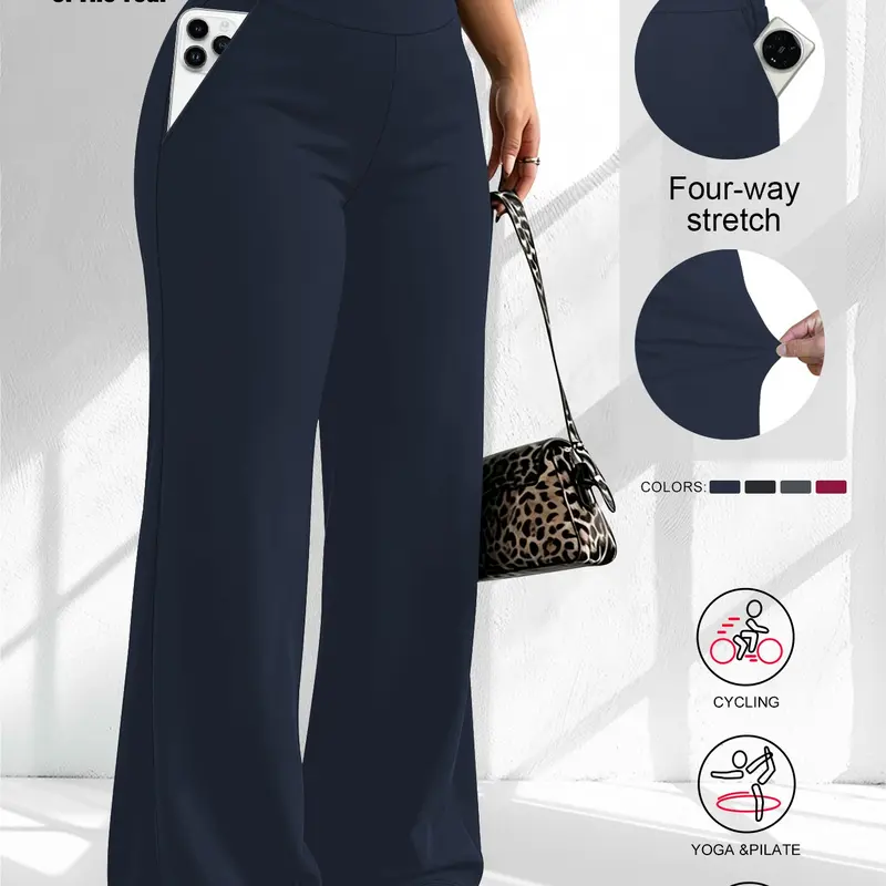 Plus Size Women's Solid High-Waisted Wide Leg Pants, Casual Comfy Trousers, with Pockets, Fashionable Comfortable Stretch, Suitable for Office and Daily Wear