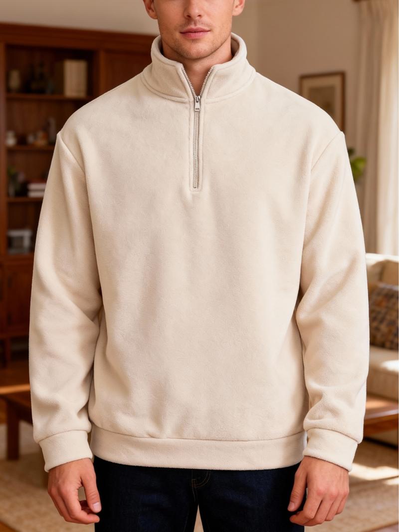 Men's Fall Winter Outfits Plain Polar Fleece Stand Collar Half Zip Pullover Long Sleeve Sweatshirt for Daliy Wear, Old Money Style Casual Versatile Essential Wardrobe Item.