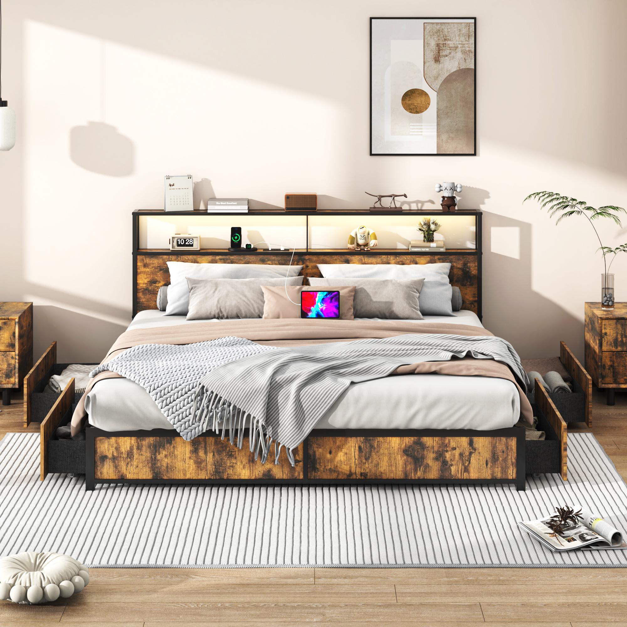 Full/Queen/King Bed Frame with Storage Drawers - Led Lights and Charging Station Metal Bed Frame with Headboard, No Box Spring Platform Bed Frame Wood, Vintage Brown/Brown/Rustic Brown