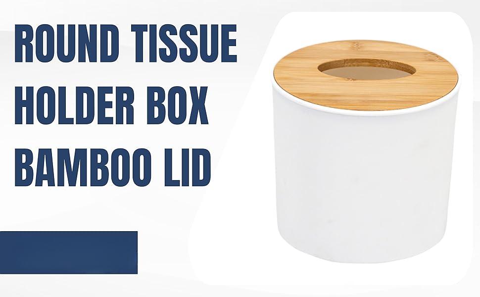 Bamboo Lid Round Tissue Holder Box 5x5'' – Decorative Toilet Paper Roll Dispenser & Dryer Sheet Case – Space-Saving Wood Organizer for Bathroom - for Paper Rolls Under 5 inches only