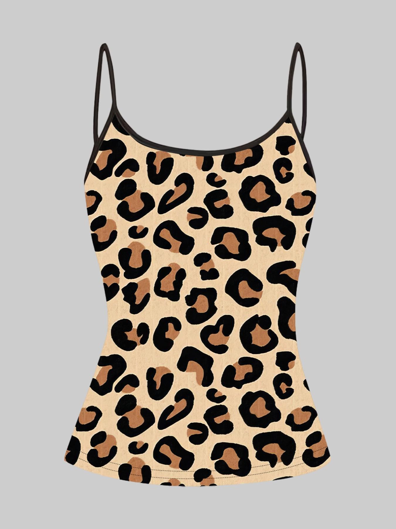 Classic Leopard Print Strappy Top, Summer Home Sleepwear Outerwear, Unique Slim-Fit Shirt Set of Four Pieces, Casual Style