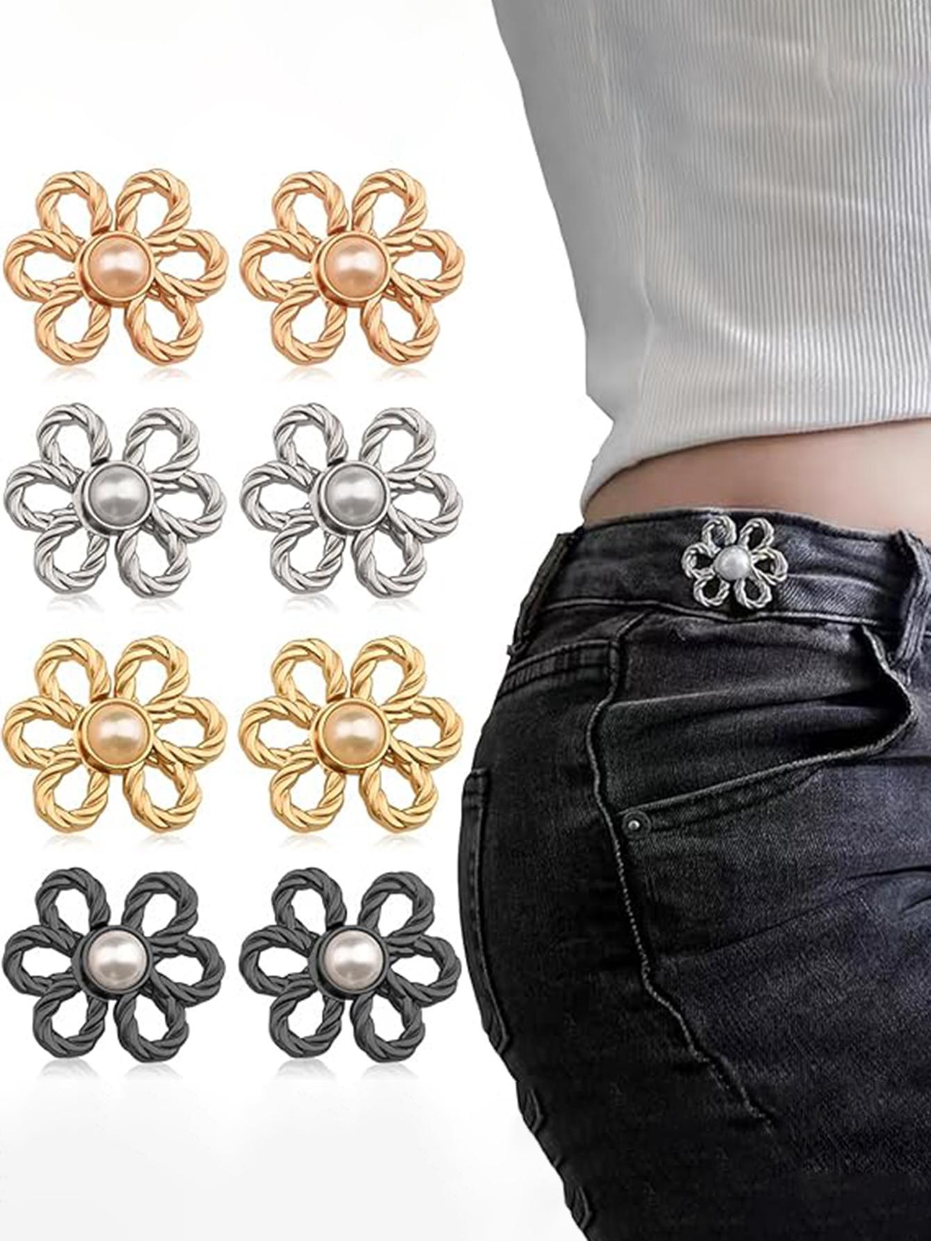 8 Pcs Floral Jeans Button Waist Tightener Set, Adjustable Buckle Kit, Seamless, No Tools, Detachable Decorative Buttons, Loose Fit
