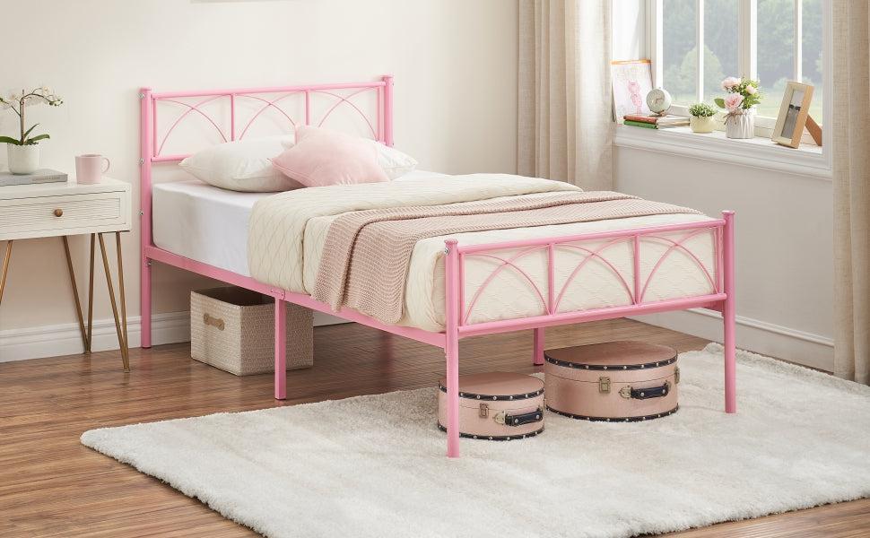 GARVEEModern Stylish Iron Bed Frame with Headboard & Footboard, Firm Support, Metal Platform, No Box Spring Needed, Under Bed Storage, Easy Assembly, Pink Twin
