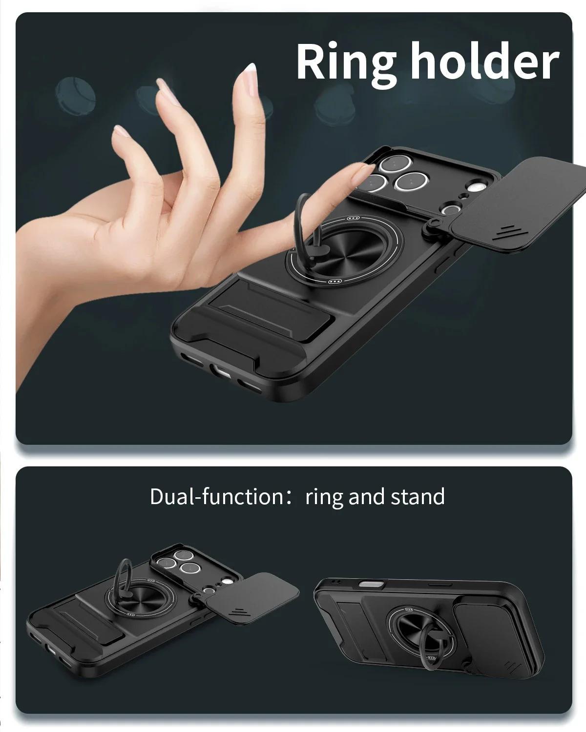 Phone Case: 3pcs Set[1 Phone Case+2 Screen Protectors] Luxury Multi-Functional Creative Push Window Rotating Ring Stand Phone Case Compatible with iPhone 17 16 15 14 13 12 11 Pro Max Plus Durable Fashion Magnetic Wireless Charging Shockproof Lens