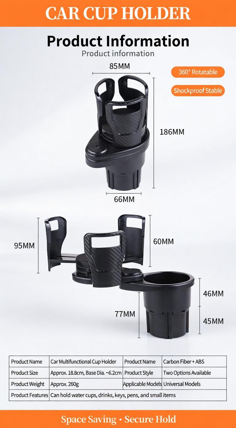 2-in-1 Rotating Car Cup Holder Carbon Fiber Black - Double Layer Expandable Drink Holder with Extra Storage Tray, Universal Fit Most Vehicles