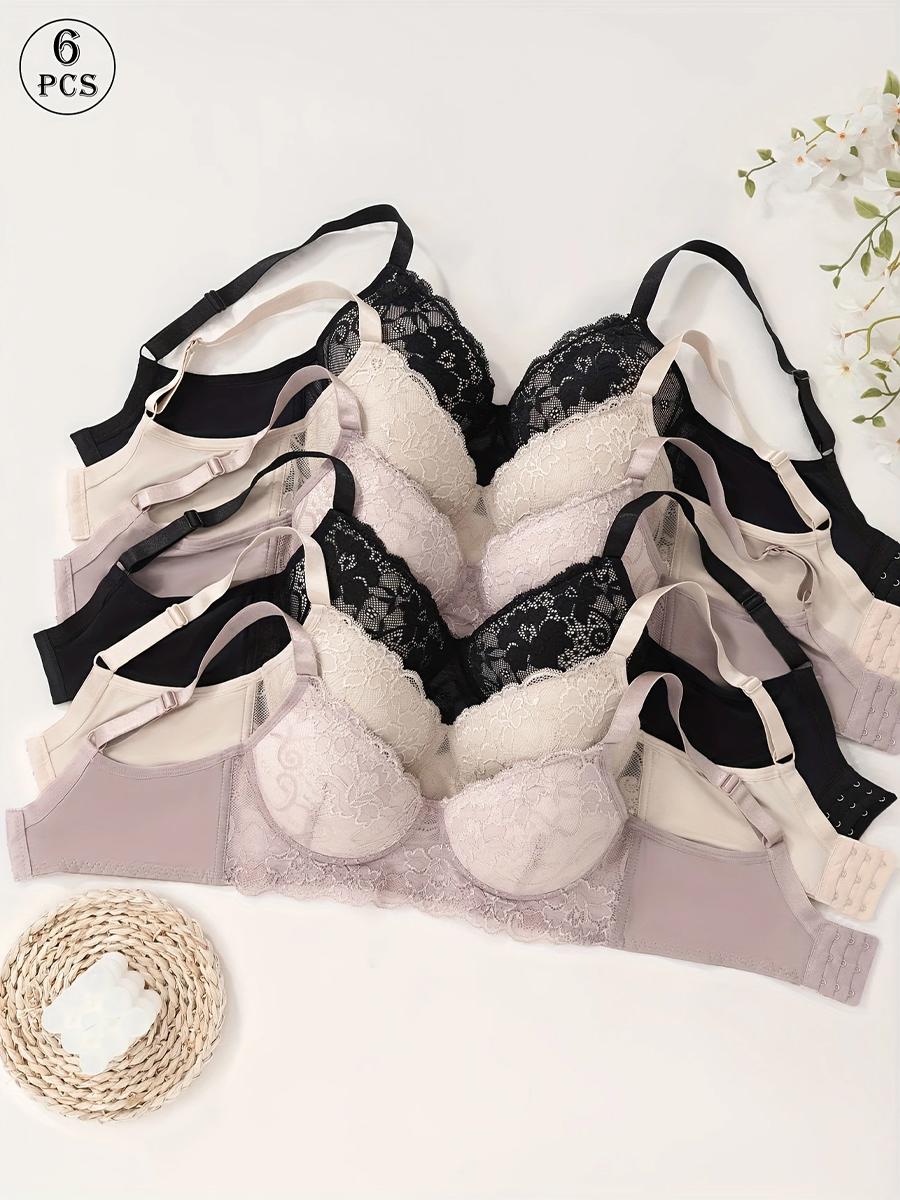 6pcs Elegant Women'S Lace Bra Set - Comfortable & Breathable, Non-Removable Padding, Underwire Design, Available in Multiple Colors, Perfect for Daily & Sportswear, Daily Comfort Bra|Elegant Lace Bra|Breathable Fabric