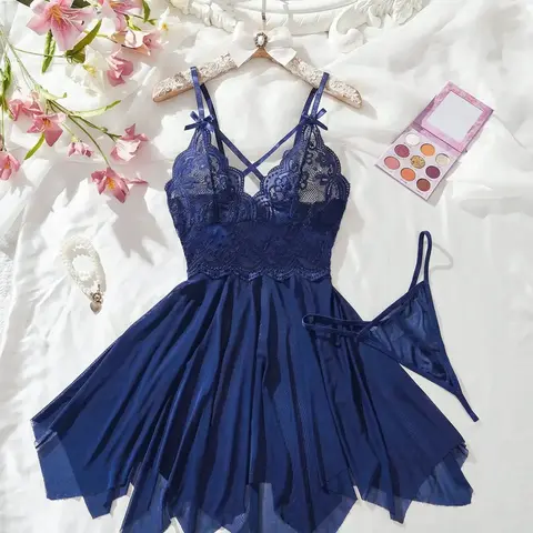 Plus Size Women's Loungewear Sleep Dress Nightwear 2-Piece Set, Fitted, Casual, Everyday, Soft Fabric, Adjustable Straps, Spaghetti Strap, All Seasons, Lace, Lace Cami Nightdress, Casual Home Sleepwear