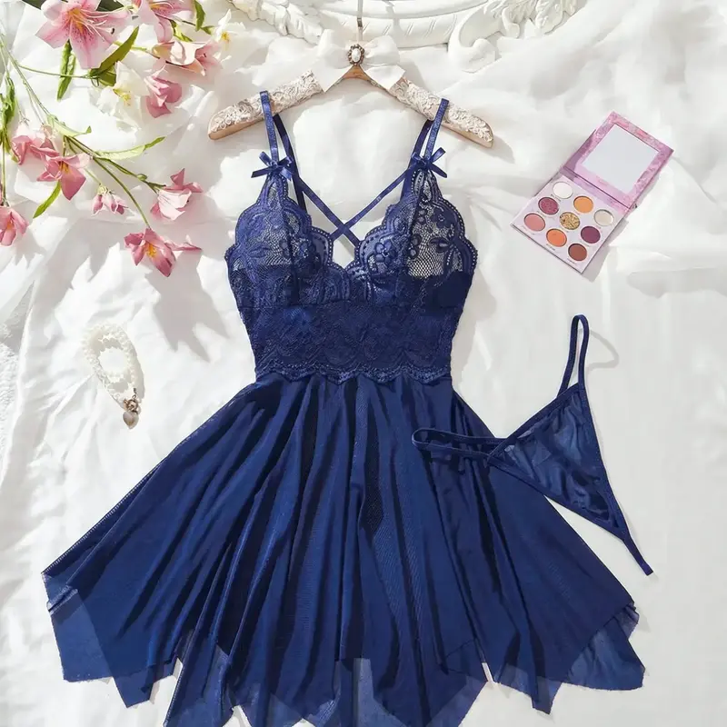 Plus Size Women's Loungewear Sleep Dress Nightwear 2-Piece Set, Fitted, Casual, Everyday, Soft Fabric, Adjustable Straps, Spaghetti Strap, All Seasons, Lace, Lace Cami Nightdress, Casual Home Sleepwear