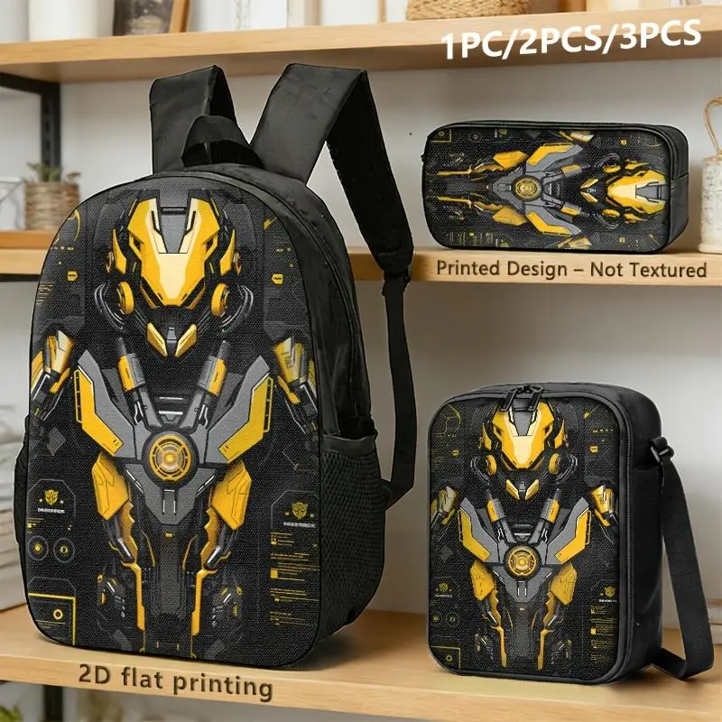 Unisex Futuristic Sci-Fi Print Travel Backpack Set Pack, 1-2-3-Piece Options, 2D Flat Printing, Black & Yellow Design, Waterproof Luggage Bag for Travel