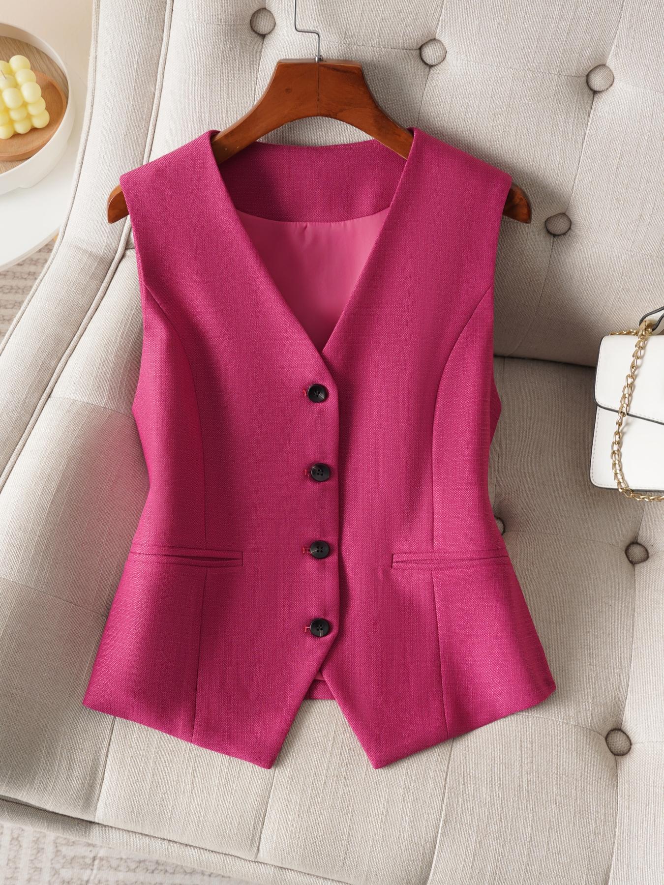 Women's Solid Button Front Fake Pocket Vest Blazer, Elegant V Neck Sleeveless Outerwear for Work Office Business, Ladies Spring & Fall Clothes Womenswear