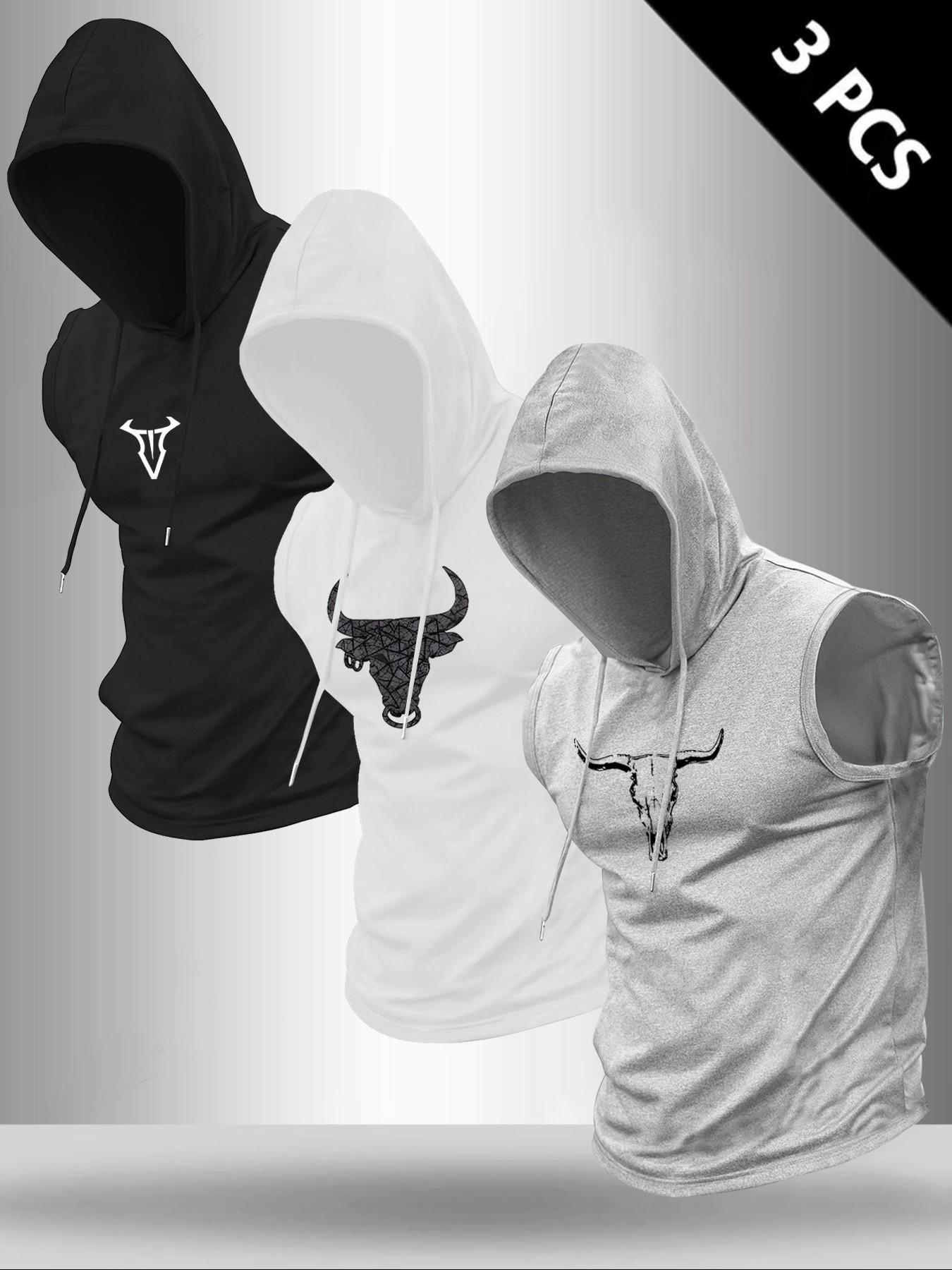 Men's 3-Piece Bull Graphic Print Round Neck Sleeveless T-Shirt Set, Casual Comfortable Fitted Activewear Hooded Vest, Summer Outdoor Athletic Fitness Wear