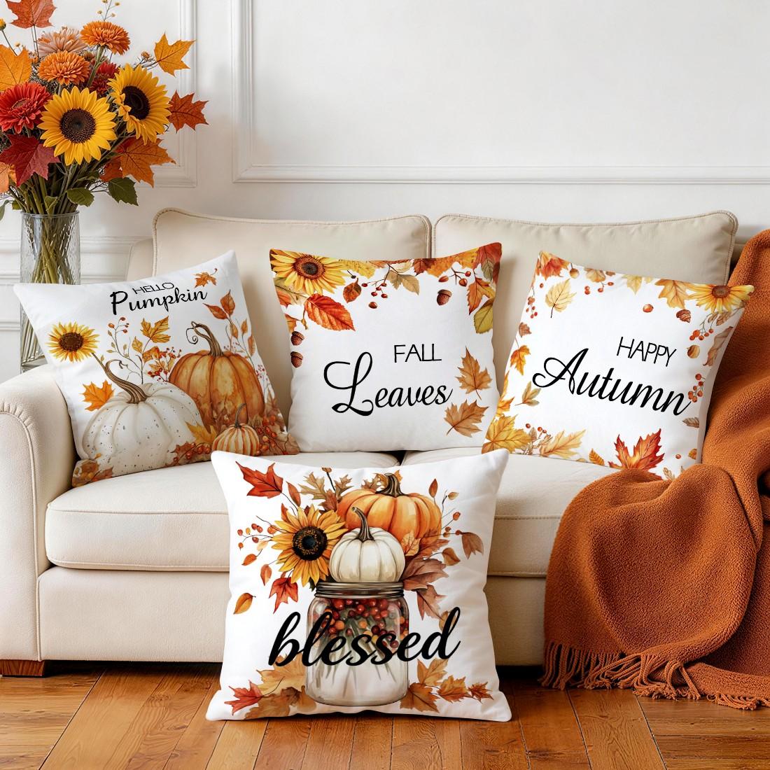 4pcs Autumn Sunflower Maple Leaf Pattern Cushion Covers, Single-Sided Print, Home Decor for Living Room Bedroom, All Seasons