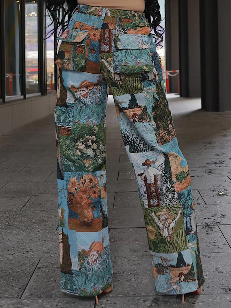 Women's Patchwork Art Print Pocket Cargo Pants, Casual Street Trousers for Daily Wear, Ladies Bottoms for All Seasons, Baggy Pants