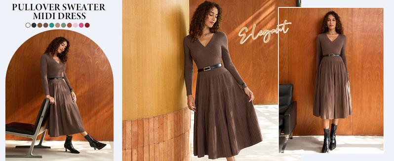 Saodimallsu Womens Long Sleeve Midi Sweater Dress Wrap V Neck Pleated A Line Fit Flare Elegant Knit Maxi Dress Casual Bride