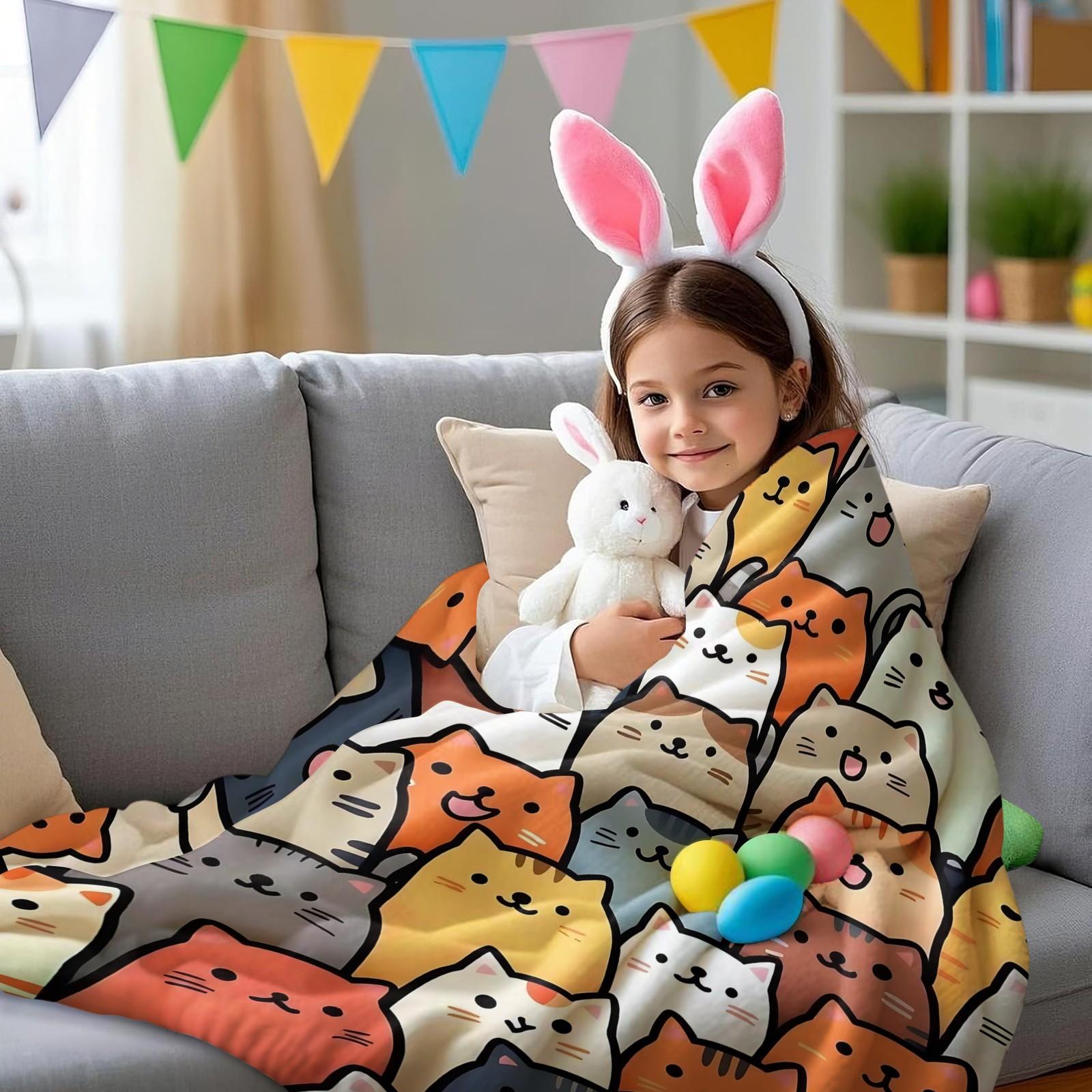 Cartoon Cat Print Blanket  Soft and Cute Flannel Blanket with Cat Print The Perfect Gift for Animal Lovers. Lightweight and Comfortable, Ideal for Bedrooms, Sofas, Living Rooms, and Outdoor Use