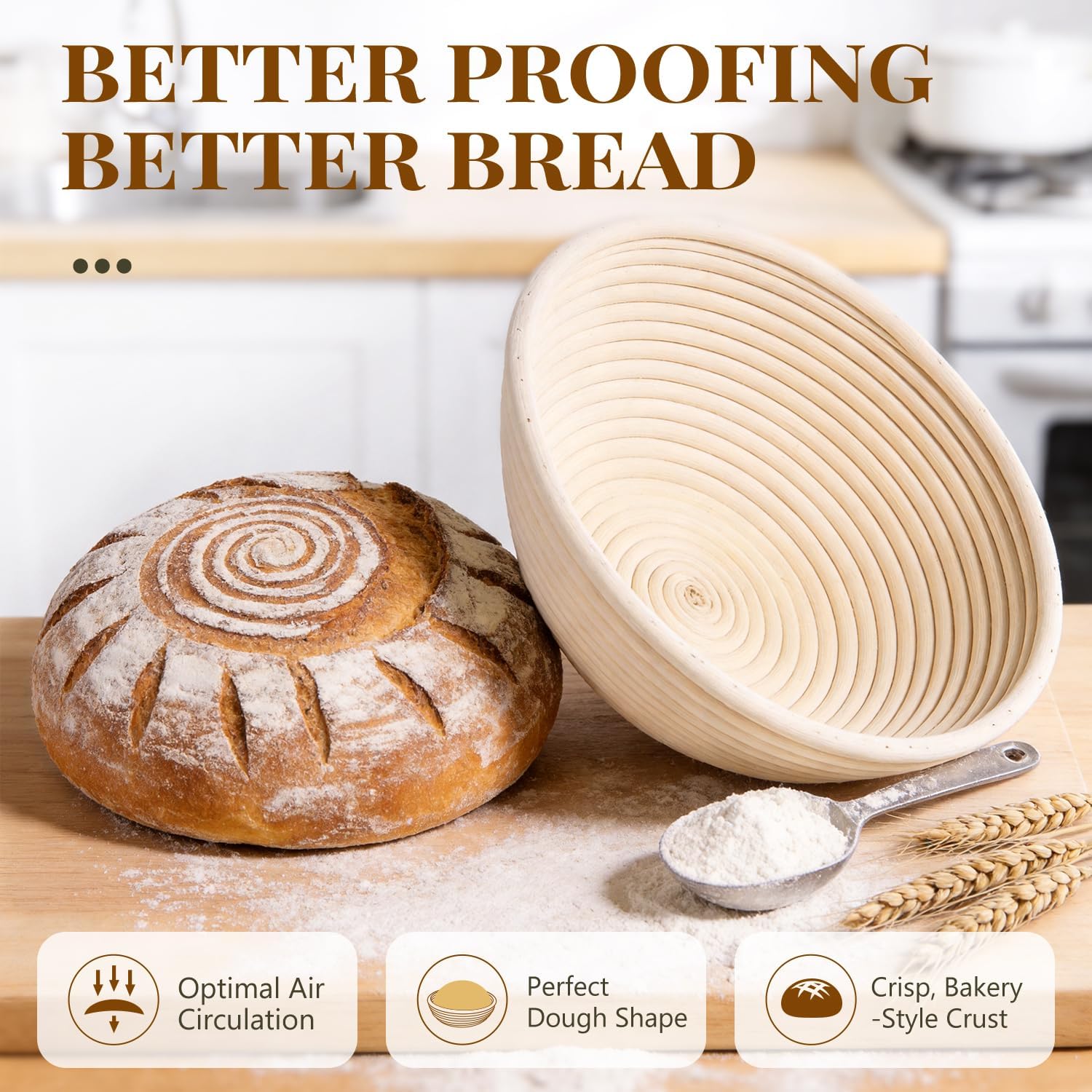 2 Pack Banneton Bread Proofing Baskets for Sourdough, 9 Inch Round Natural Rattan Proofing Basket for Dough Rising, Bread Proofing Bowl Sourdough Bread Baking Supplies for Home Bakers