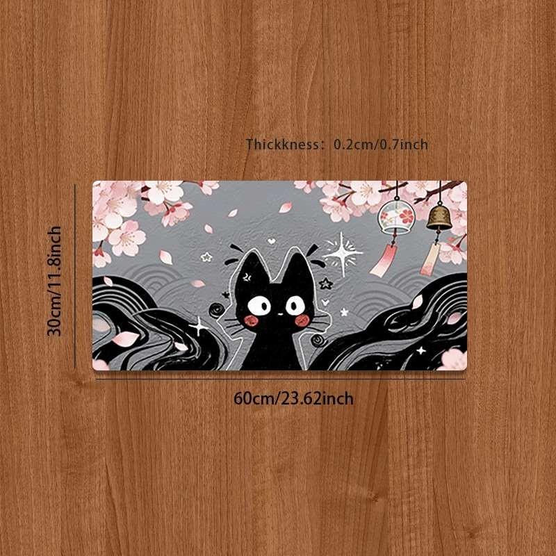 Large Anti-Slip Rubber Mouse Pad, Cherry Blossom Bell Cat Illustration, Gaming Office Desk Mat, Perfect Holiday Gift