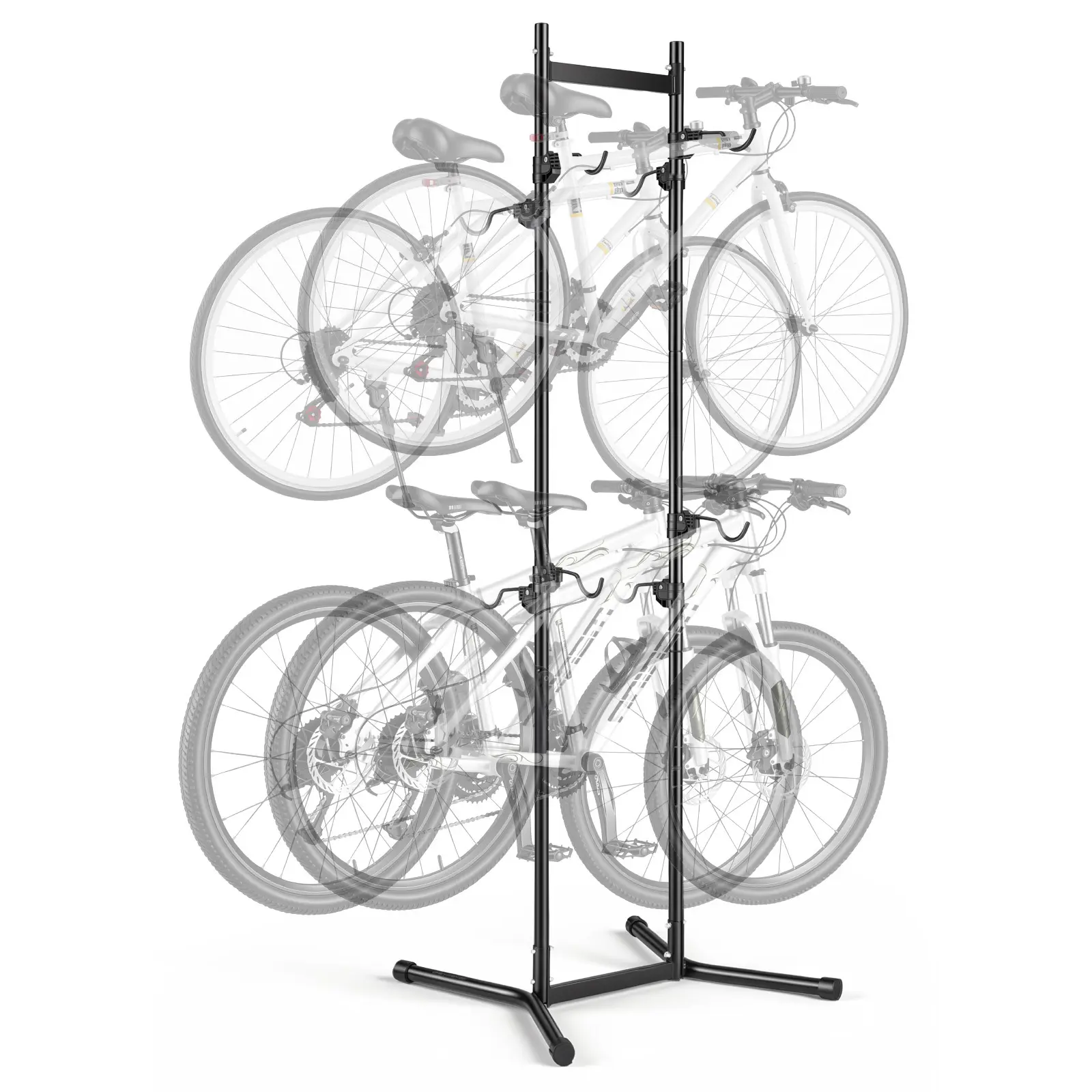 Bike Stand for 4 Bikes, Freestanding Vertical Bike Storage Rack, with Height-Adjustable Hooks, Heavy-Duty Carbon Steel Garage Bicycle Floor Stand, Ideal for Garage, Apartment, Home, Black