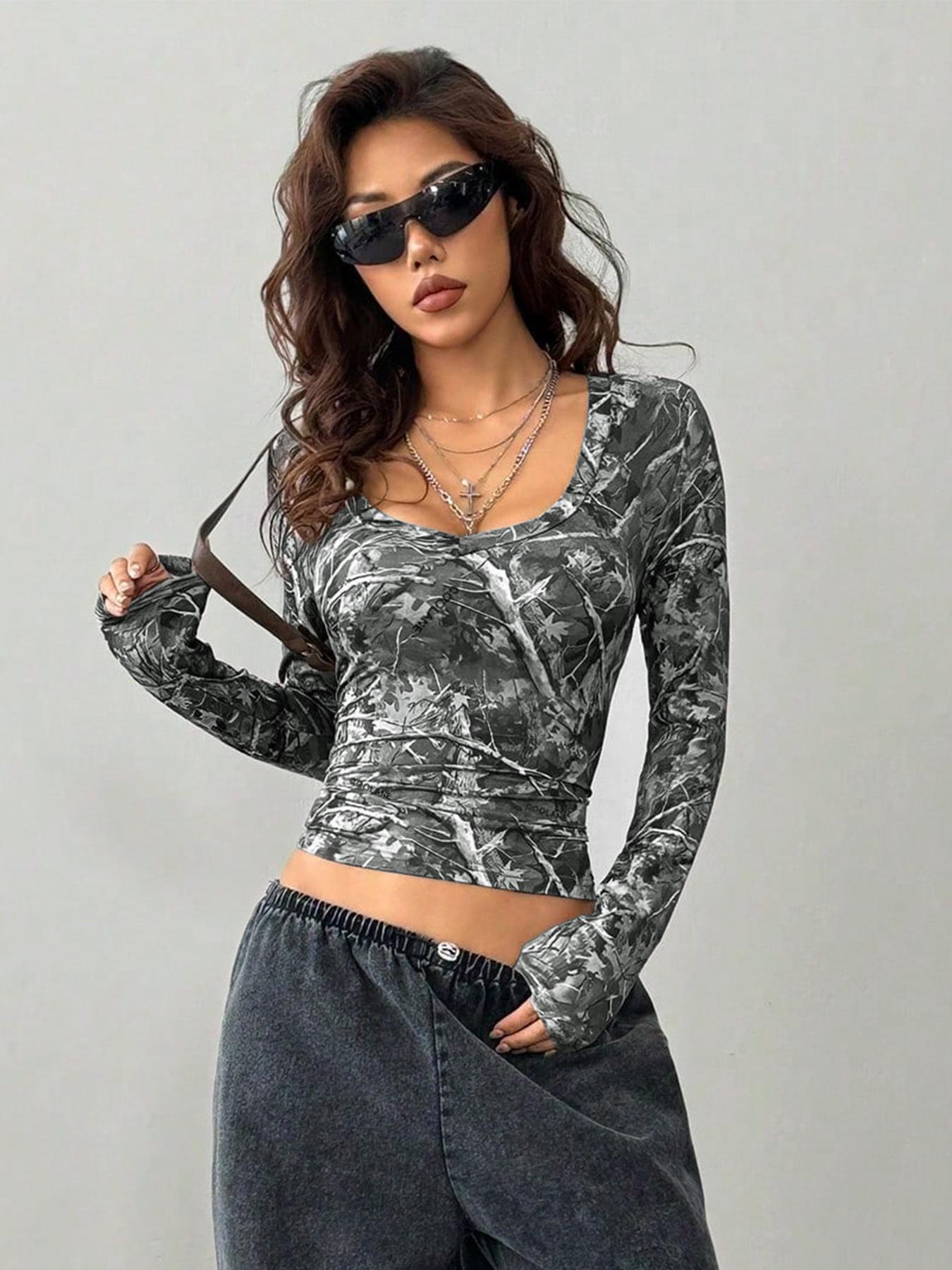 Women's Plain / Camo Print Tee, Casual Long Sleeve V Neck T-shirt for Fall & Winter, Women's Clothing for Daily Wear, Womenswear