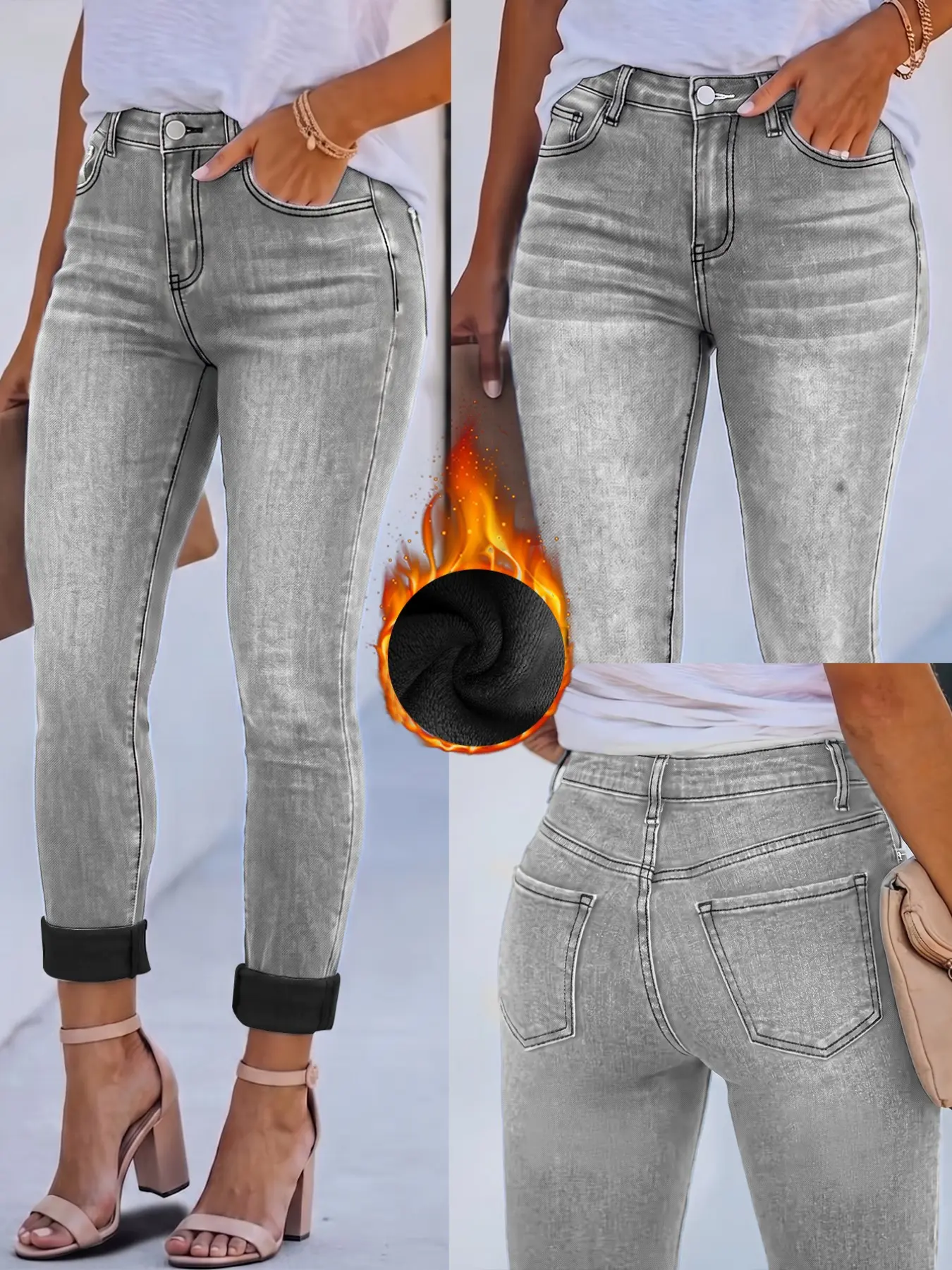 Women's Fleece Lined High Waisted Casual Fashion Jeans, Stretchy Five Pocket Design, Slim Fit for Daily Office & Outdoor Wear, Fall Winter Fashion