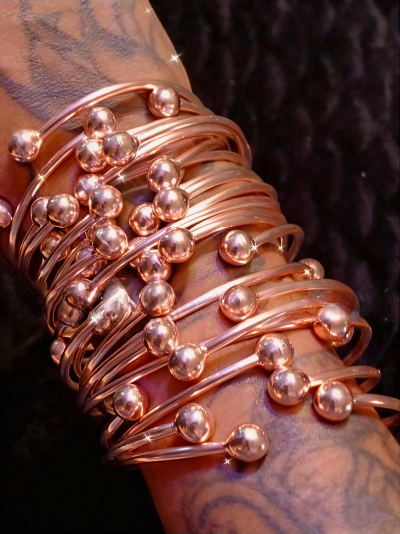 5pcs/10pcs Retro Boho Thick Bangles, 10mm Ball Silvery Golden Rose Golden Bangles Bracelet, Boho Trendy Stack Bangle Stacking Bangles, Handmade Silvery Bangles for Women Daily Party Jewelry Gifts