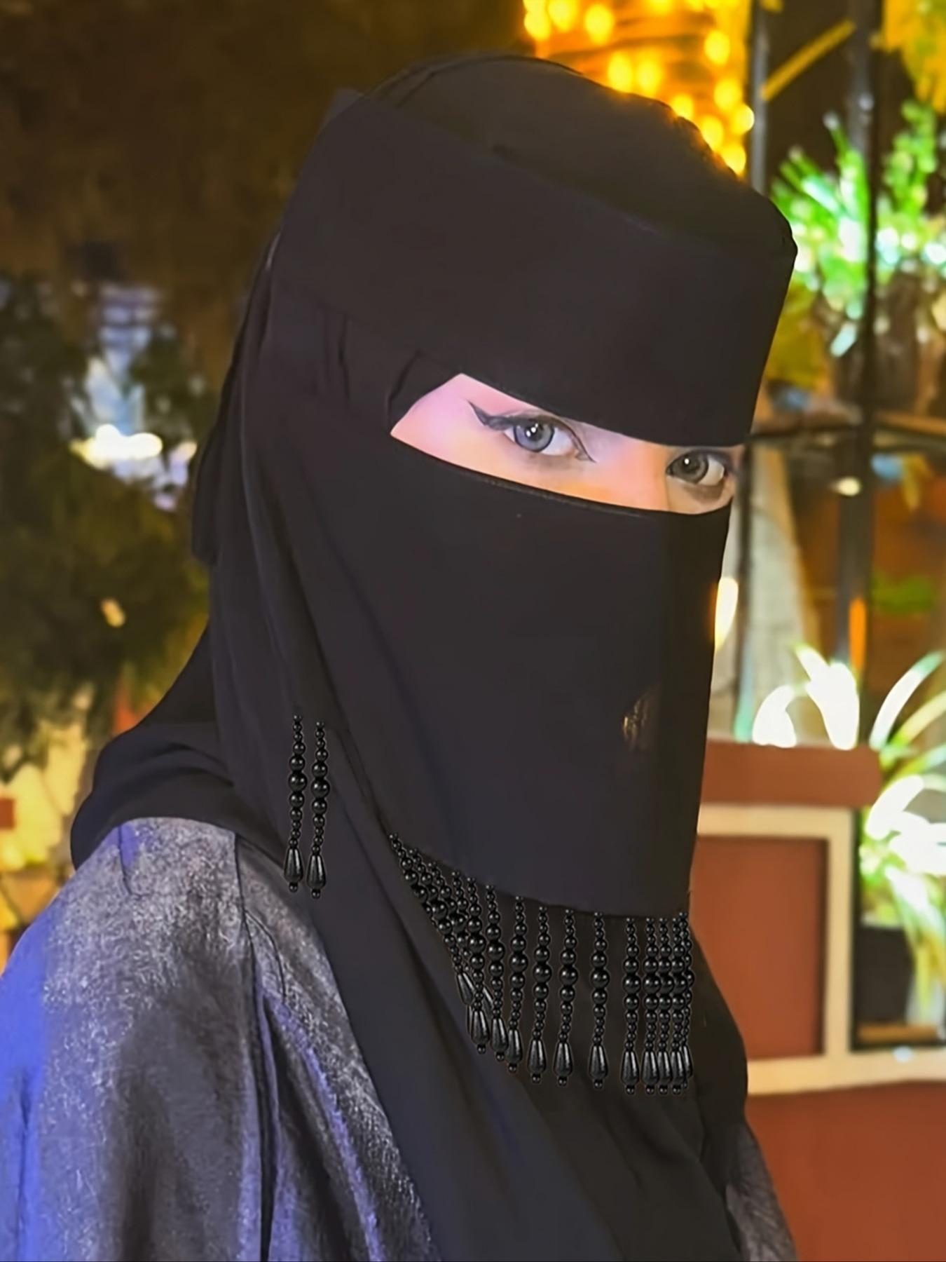 Women's Plain Beaded Fringe Mask with Elastic Band, Daily Use Headscarf, Sparkling Casual Hijab, Niqab, 1pc Ladies Face Covering